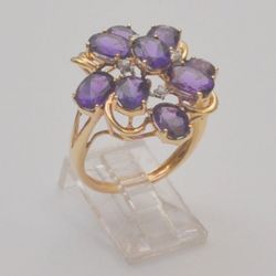 14K Yellow Gold Oval Stones Amethyst and Diamond Ring Size 7.5