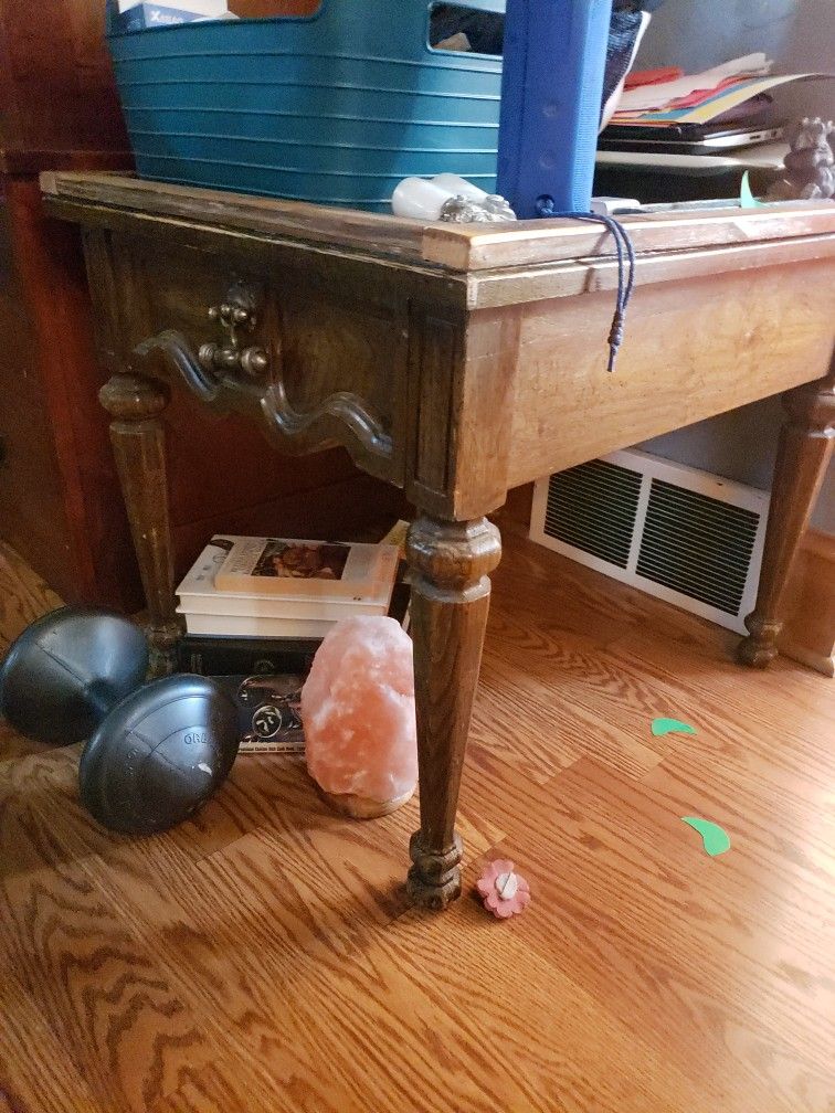 Nice True Oak Side Table With Drawer (One)