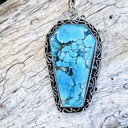 Natural Genuine Turquoise Sterling Silver 2” Necklace Pendant