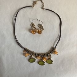 Amber, Green Necklace And Earrings