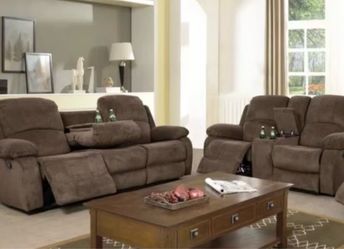Brown microfiber fully reclining couch and love seat