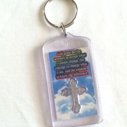 Serenity Prayer key ring plastic with rainbow background and silver cross
