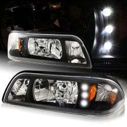 For 1987-1993 Ford Mustang 1-Piece Black Housing Headlights W/Amber Reflector -(4-HL-FDMU87-LED-BA