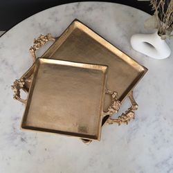 Gold Decorative Trays with Floral Handles, Set of 2