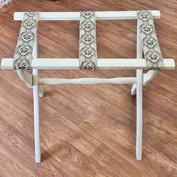 Vintage Scheibe Folding Luggage Rack, Wooden Hotel Suitcase Stand, Aged White French Cottage Decor