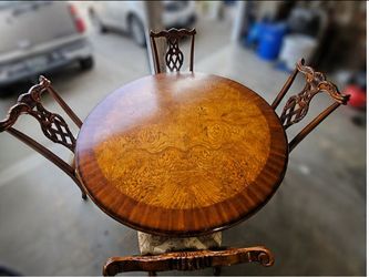 60” Round Burlwood Inlay Dining Table with 4 Solid Hardwood Carved Chairs