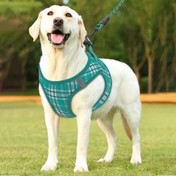 BEAUTIFUL PLAID TEAL GREEN X- LARGE HARNESS WITH HEAVY DUTY LEASH