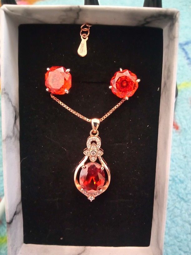 Sterling Silver Moissanite Red Necklace Set