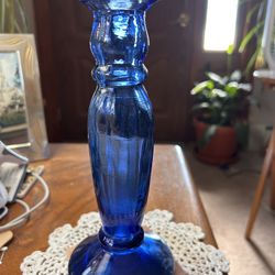 The Original & Genuine Recycle Glass Two Blue Candlesticks Made in Spain 8 1/2”