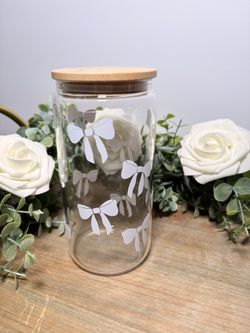 White Bow Glass Cup | Minimalist Aesthetic Cup | Cute 16 oz Bamboo Lid Tumbler
