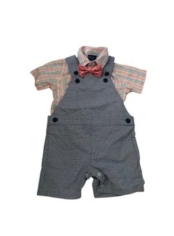 Nautica Boys 24M 2-Piece Plaid Short Sleeve Shirt Overalls Set w/ Bow Tie