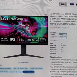LG 32” 4k 144hz Gaming Monitor