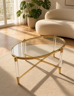 Modern Gold & Lucite Oval Glass Coffee Table | Like New