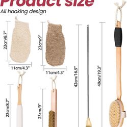 Wood Bath Brush,Long Handle Body Back Scrubber with Soft and Natural Bristles Antiskid Shower Brush Set for Bathroom Wet or Dry Exfoliating (6 Pack) (