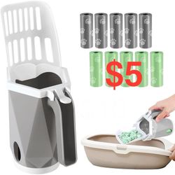 Cat 3-in-1 Cat Litter Scoop with Holdor - Large Portable Integrated Cat Litter Scooper with 200 Refill Bags Kitty Litter Scoop Shovel for 1~2 