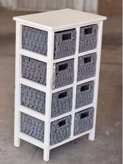 White Storage Cabinet Organizer with 8 Gray Woven Baskets
