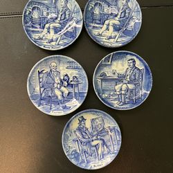 Enoch Wedgwood Tunstall Vintage 1950s 5 Old English Characters Blue White Plates