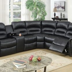 Brand New Black Leather Reclining Sectional Sofa 