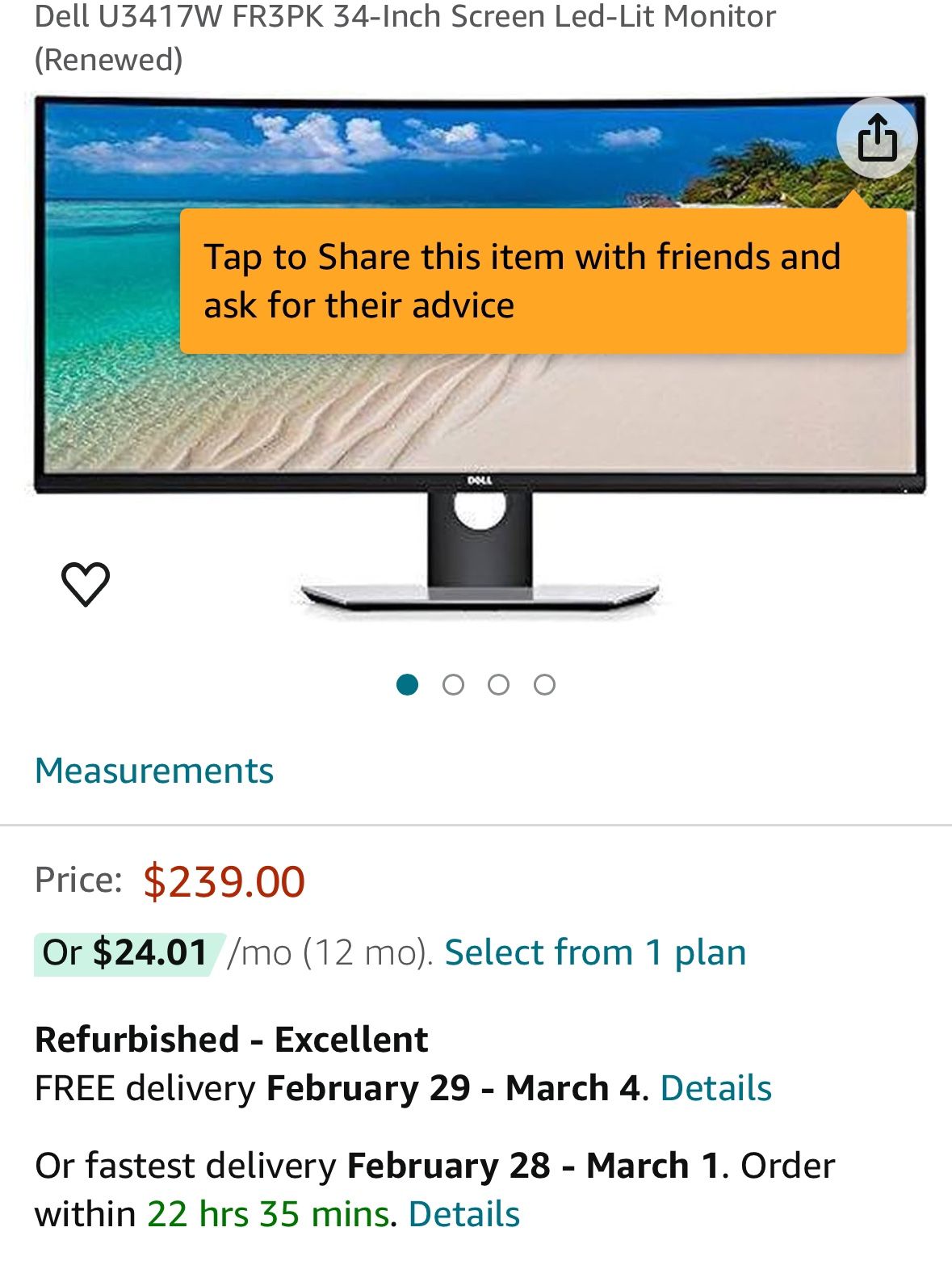 Dell U3417W FR3PK 34-Inch Screen Led-Lit Monitor