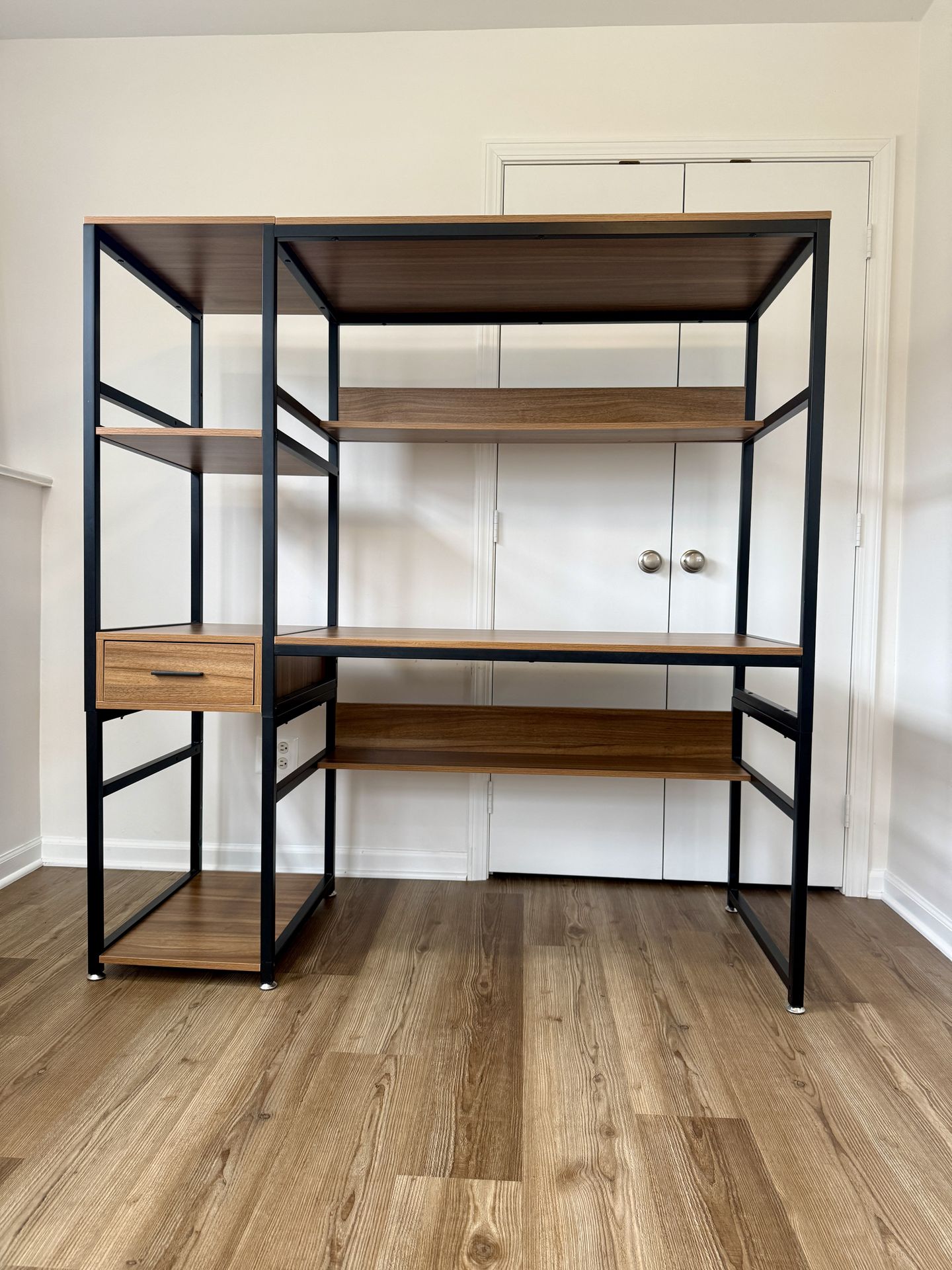 Modern Industrial Desk with Shelves & Drawer – Wood + Black Metal (59”)