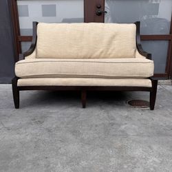 Contemporary Loveseat with Dark Wood Frame & Nailhead Trim — Neutral Upholstery