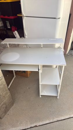 Wooden white Desk table w/ Power supply and keyboard compartment
