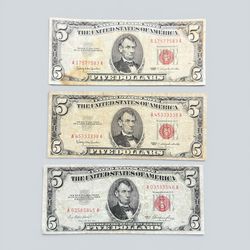 1963 Five Dollar Red Seal Note Lot - Abraham Lincoln $5 Old US Paper Money