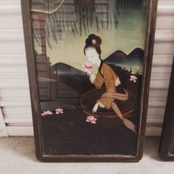 Vintage Chinese Wooden Framed Hanging Pictures 