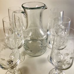 Antique Crystal Pitchter and Glasses.  White etched flowers on all, 7 Goblets 1 pitcher 