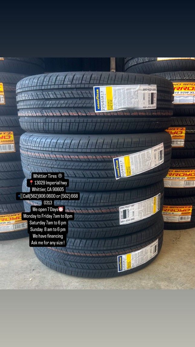 SET OF NEW TIRES, 225/65R17 GOODYEAR ASSURANCE FINESSE, INCLUDING MOUNTING AND BALANCING. ASK ME FOR ANY SIZE OR BRAND, LLANTAS NUEVAS
