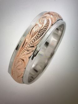 Scrolling pink gold plated rhodium double ring