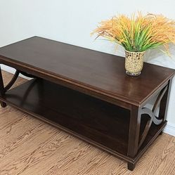 Dark Espresso Modern Farmhouse Rectangular Living Room Coffee Table Bottom Shelf
