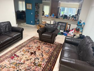Three-Piece Dark Brown Leather Couch Set for Sale