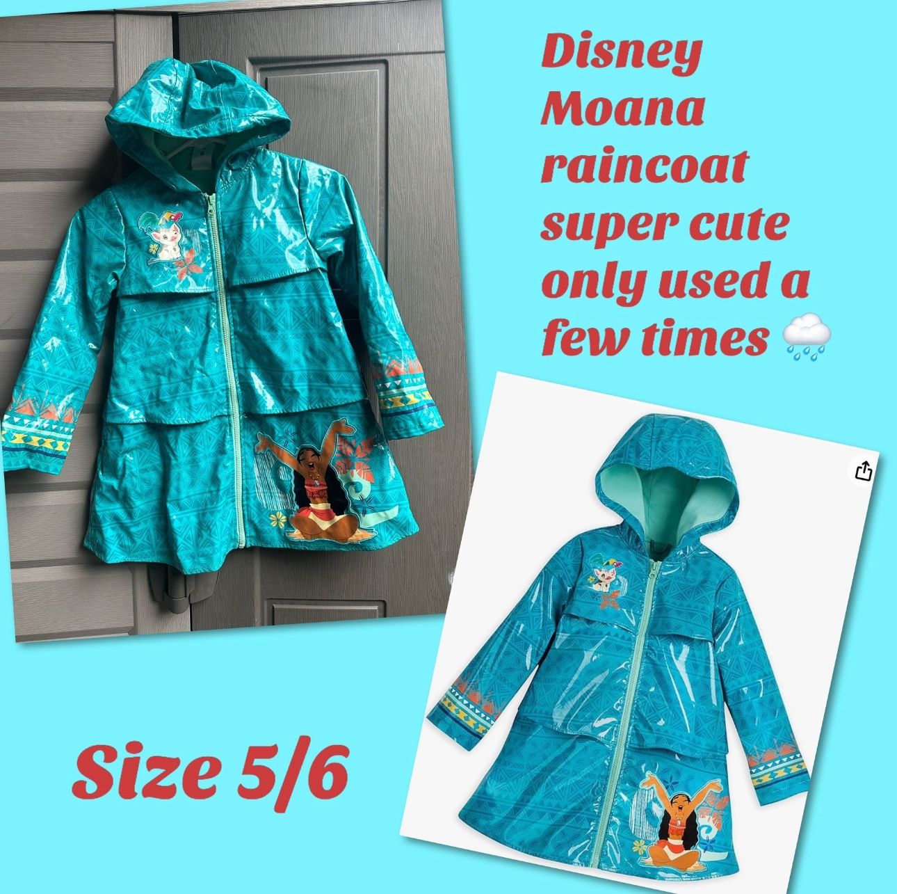 Kids Disney Moana raincoat , rain jacket size 5/6 super cute used only a few times  $35 firm HARD TI FIND 