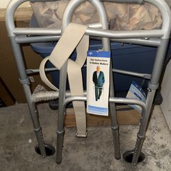 Medline Folding Walker w/ Wheels Adjustable Aluminum Mobility Aid 300 lb W/ Straps