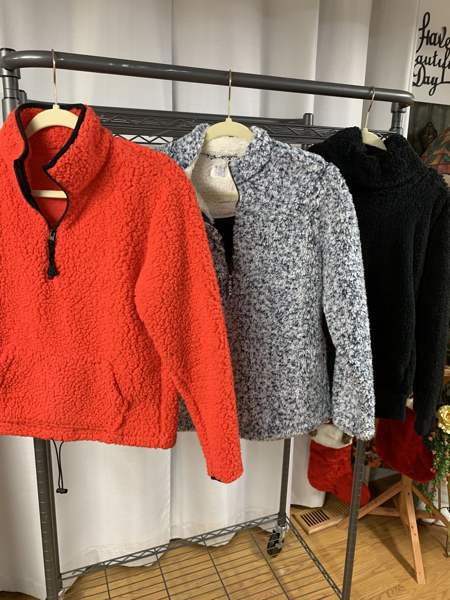 1 Red Faux Sheepskin Sweatshirt, 1 Black Faux Fur Sweatshirt, And 1 Dark And Light Blue Tweed Faux Sheepskin Sweatshirt With Pockets