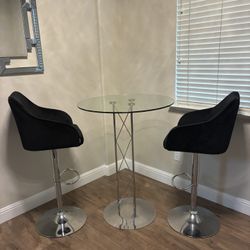Glass Bar Top Table with 2 Bar stool chairs