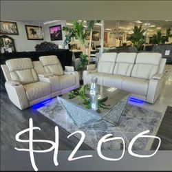 Cream Leather Power Recliner Sofa and Loveseat Set