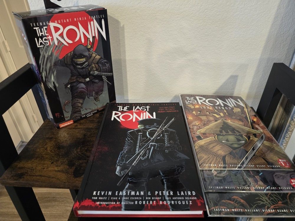 TMNT The Last Ronin Hardcover, The Last Ronin Issues #1 - 3, and The Last Ronin action figure (armored)