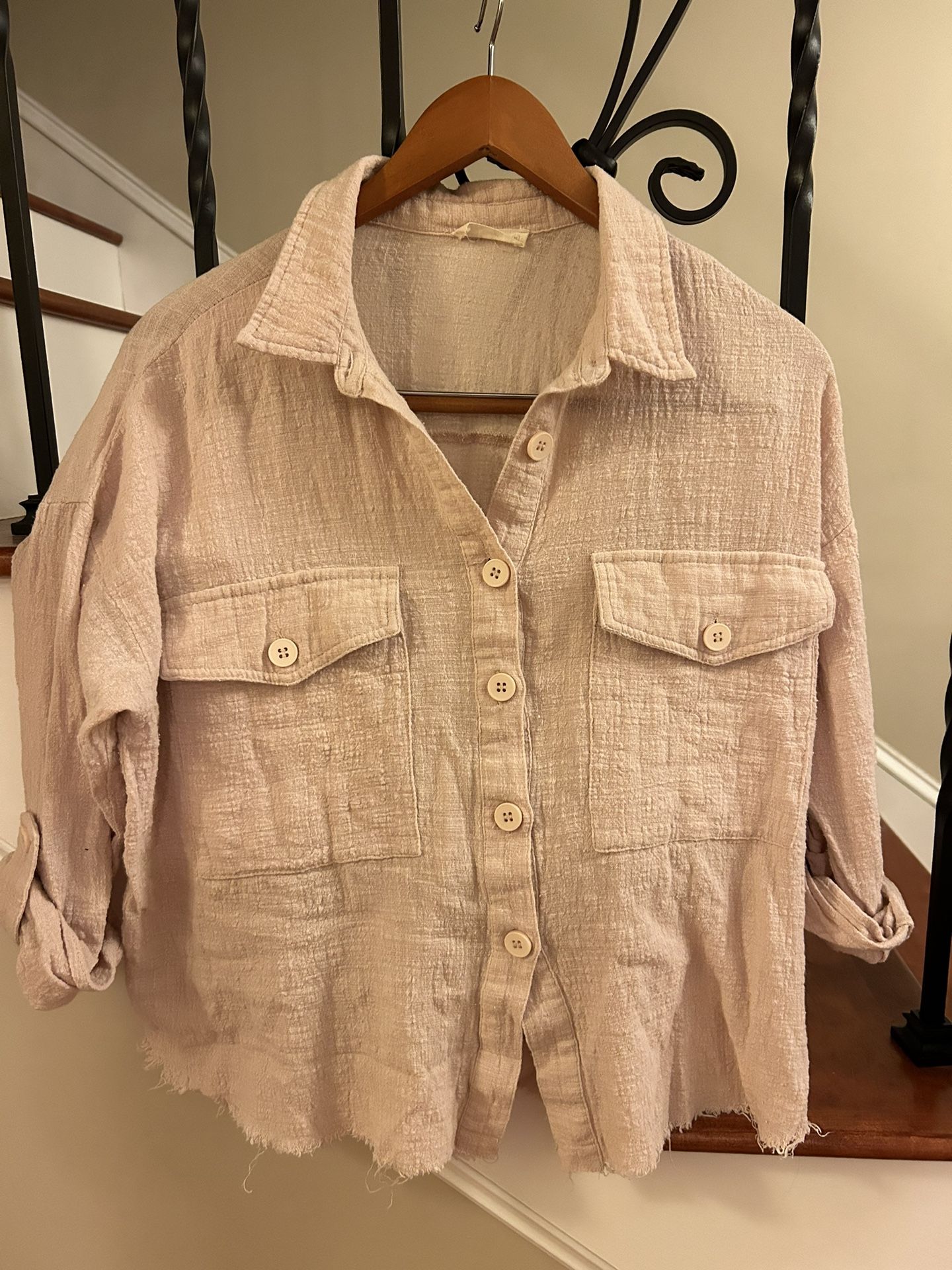 Miss Love Pink Button Up Blouse Womens  Medium Shirt Crop Pockets