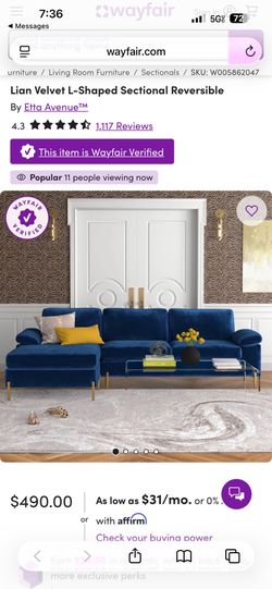 Lian Velvet L-Shaped Sectional Reversible