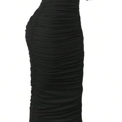 INAWLY Women Plus Size Black Solid Color Elastic Waist Pleated Skirt, Soft Comfortable Fitted Sexy, Size 1XL