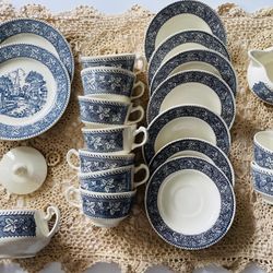 Vintage Homer Laughlin Cream And Navy Blue  Tea Set  