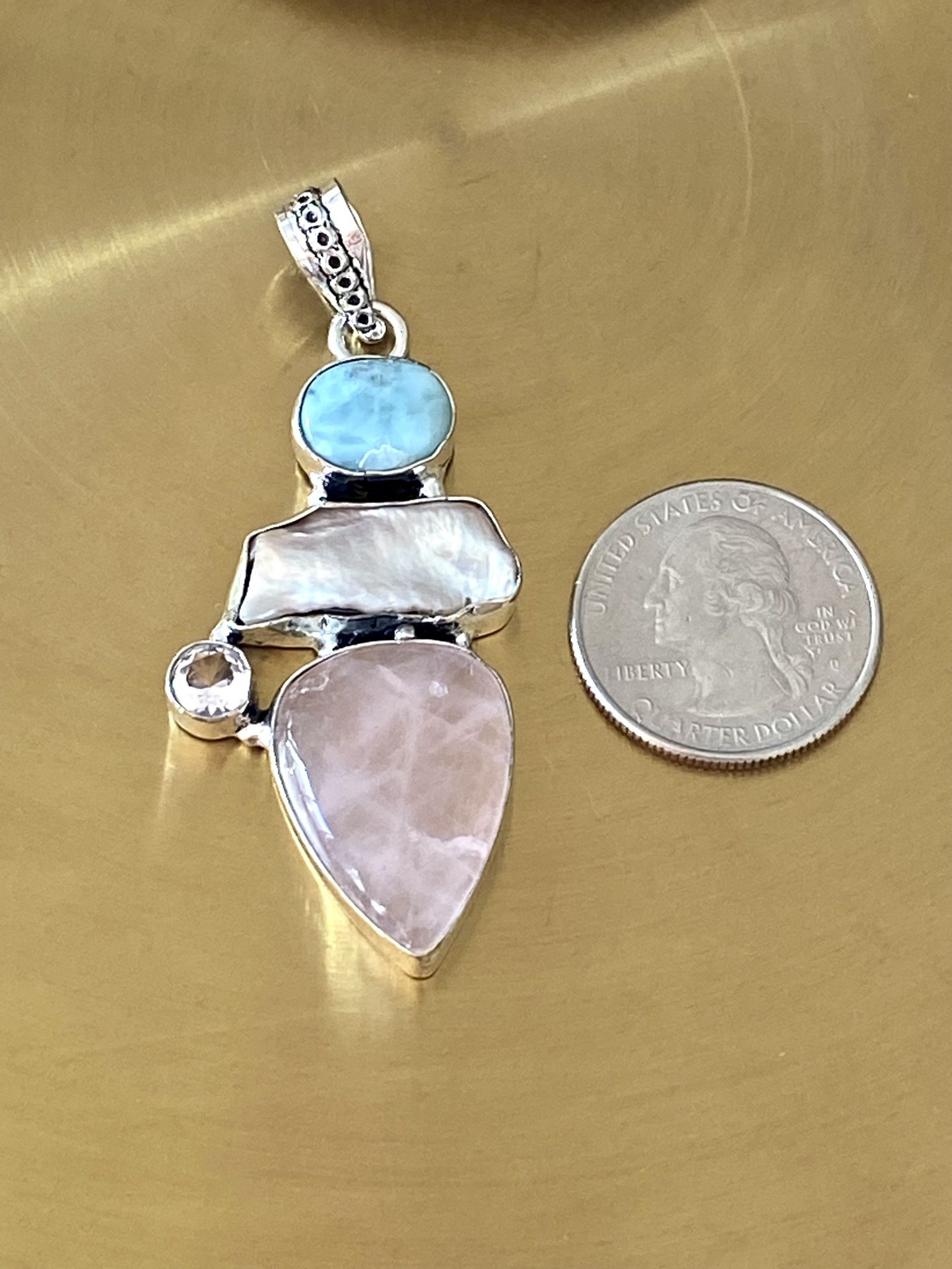 Rose Quartz, Natural Biwa Pearl And Larimar 925 Sterling Silver Overlay Pendant