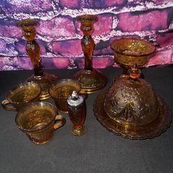 8 Piece Indians Tiara Amber Gold Glass Set 