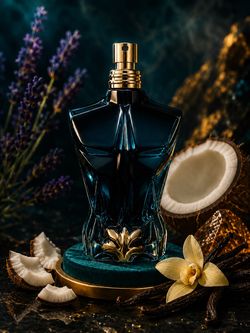 Dark Blue Glass Perfume Bottle with Gold Accents