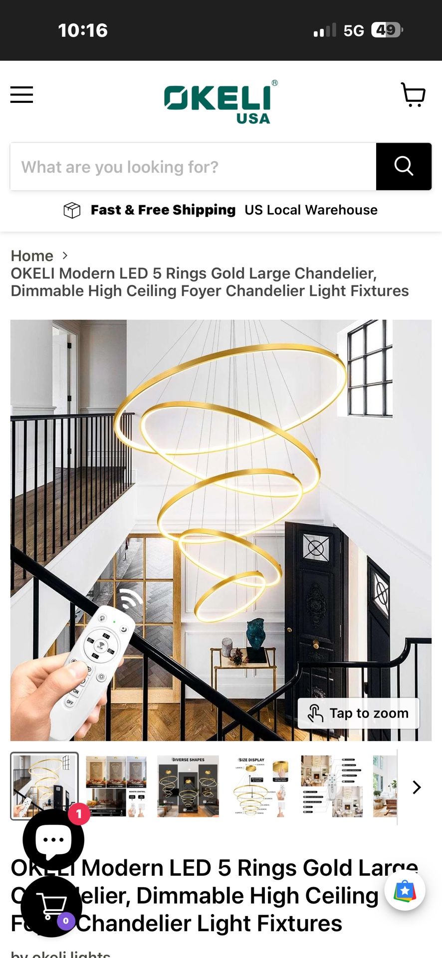 New large 36” wide modern five ring chandelier. It can be set up in different configurations