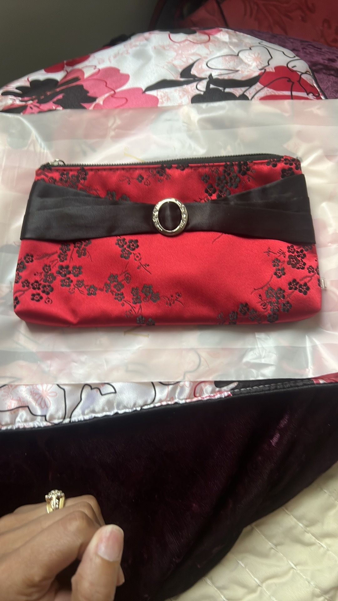 Elegant Red Floral Clutch With Black Bow