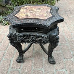 19c  Carved Wood 17x19 Inches & Octagon Marble Table 17.5 Inches X 19 Inches 