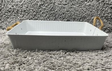 White Metal Serving Tray Rope Handle Farmhouse Rustic 12inX9inX3in Home Decor